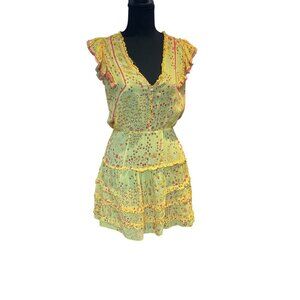 Poupette St Barth Mini Yellow Floral Sun Summer Dress XS V-neck Ruffle